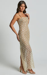 Ruth Midi Dress - Strappy Straight Neck Slip Dress in Natural